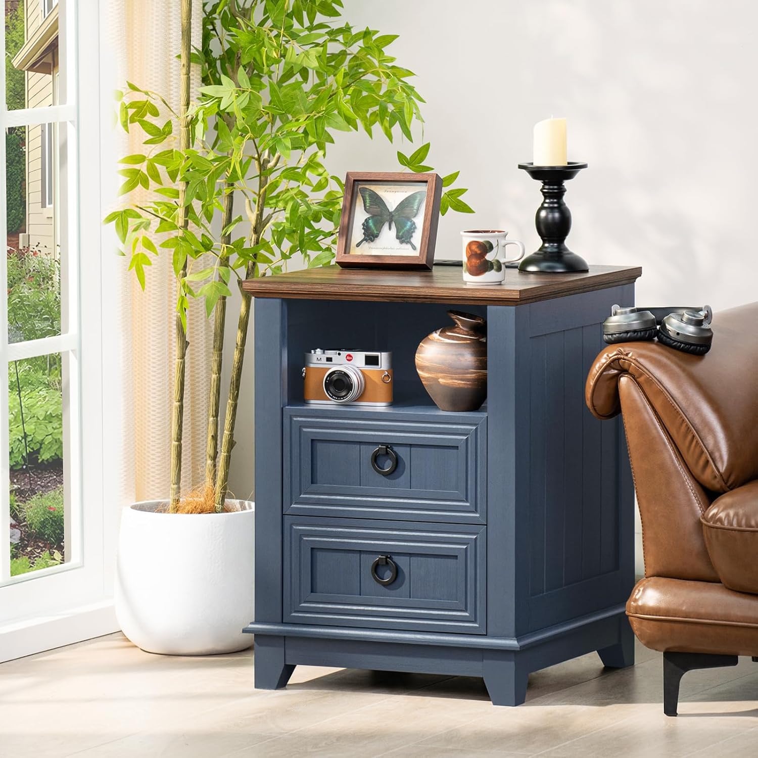 Joaxswe 18' Farmhouse Night Stands Set of 2 with Charging Station, 2 Drawers End Table Dresser for Bedroom, Blue Wooden Nightstand, Bed Side Table with Open Shelf, Bedside Cabinet for Living Room