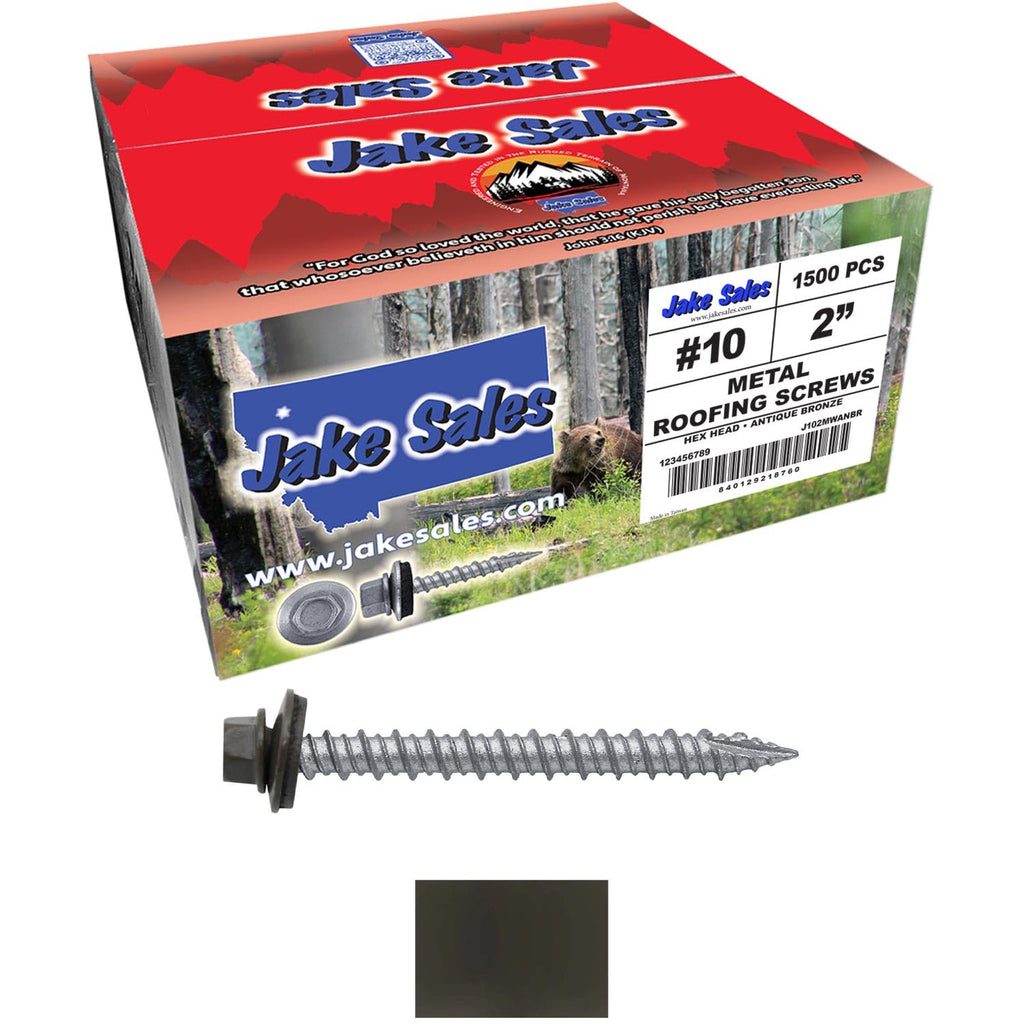 10 x 2 Antique Bronze Metal Roofing Screws - Hex Washer Head- Self-Starting/Tapping - EPDM Washer. 6 X 250 Bags - 1,500 Screws