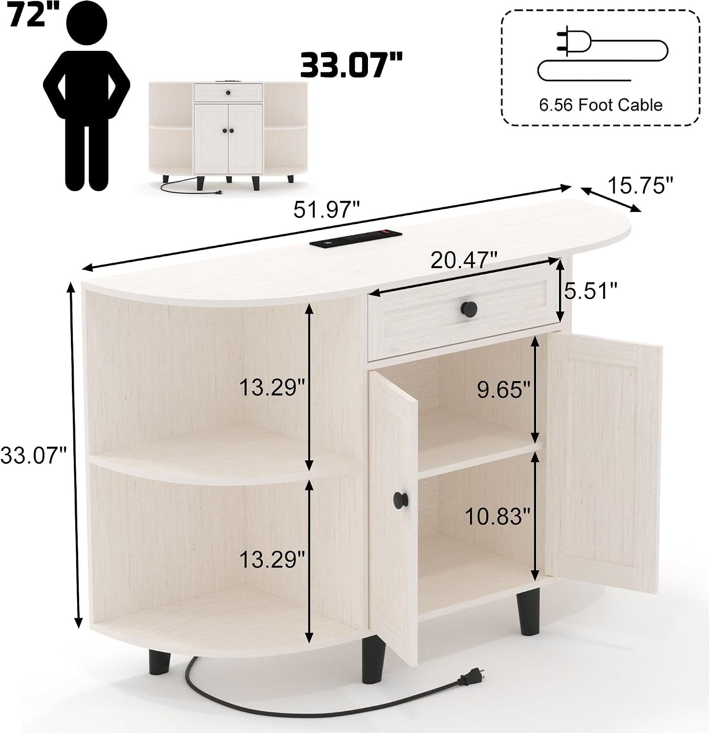 52' Sideboard Buffet Cabinet with Power Outlet,Coffee Bar Cabinet with Storage, 3 AC Outlets & 2 USB Ports,Kitchen Storage Cabinet with Drawer and Doors for Dining Room,(White)