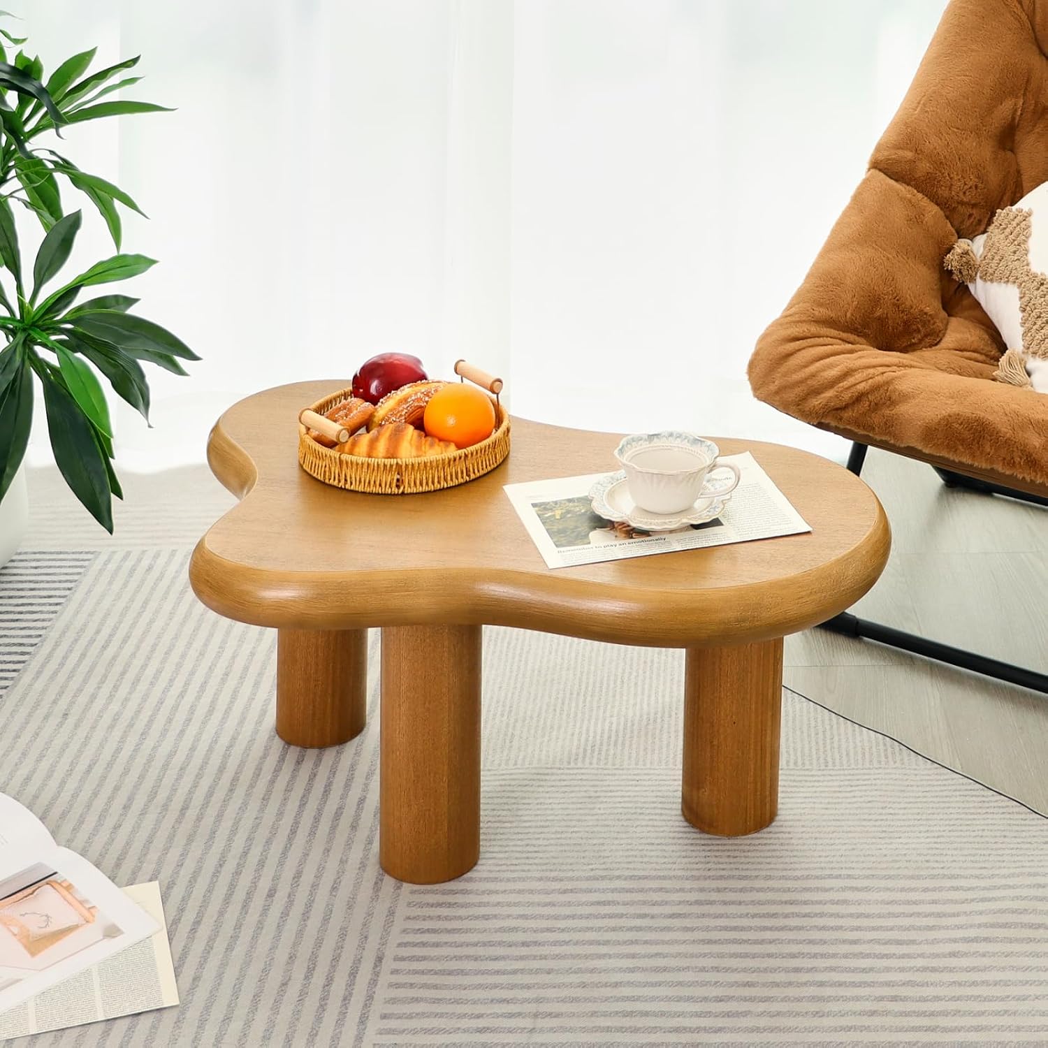 34'(L) Cloud Coffee Table, Modern Wood Coffee Table for Living Room, Accent Center Tables with 3 Legs, Small Tea Tables for Balcony, Patio, Bedroom, Wood
