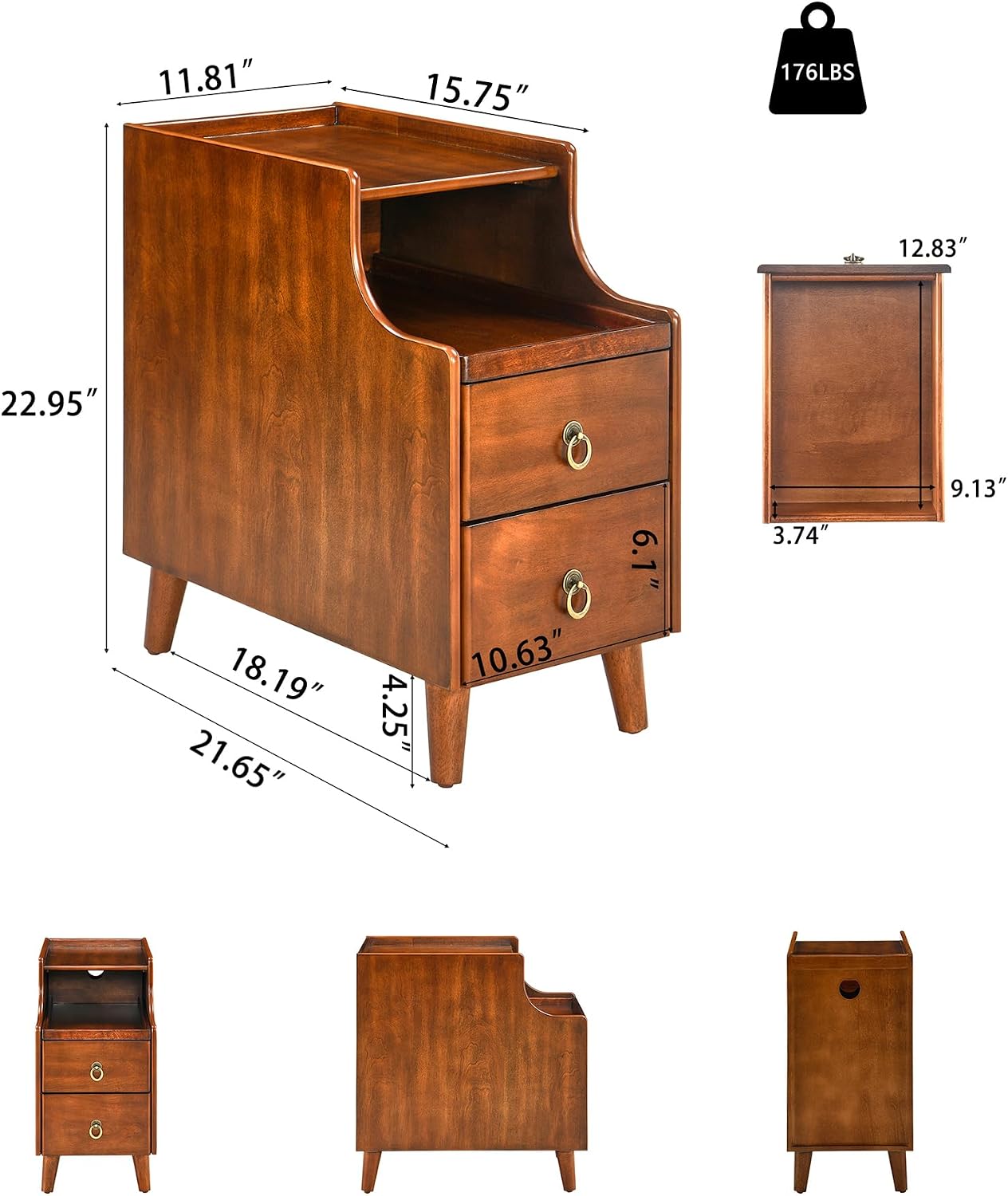 Set of 2 Storage Side End Table with 2 Drawers and Pull-Out Shelf, Small Sofa Side Table Living Room No-Tools Assembly, Solid Wood Narrow Beside Tables 11.8'W x 21.6'L x 22.9'H, Brown,BG-A1359-MG