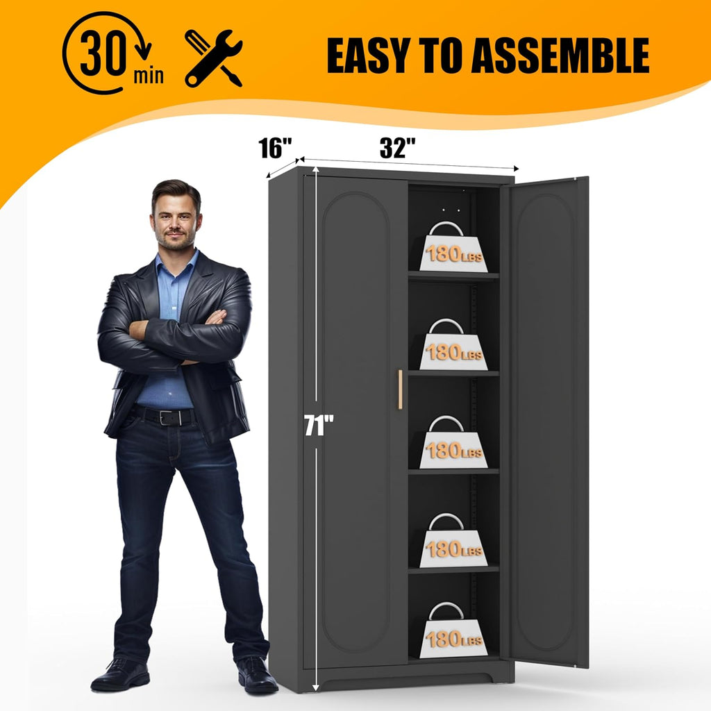 71' Tall Kitchen Pantry Cabinet and 4 Adjustable Shelves, Black Metal Storage Cabinet with Doors, 5-Tier Kitchen Storage Cabinets, Modern Large Cupboard for Home Office, Dining, Living Room