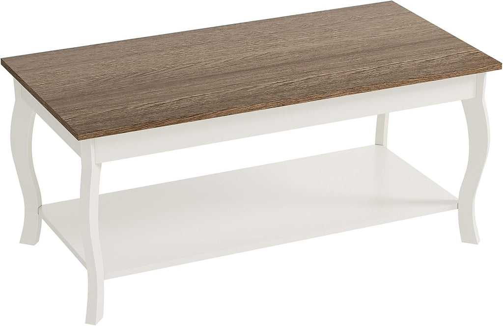 ChooChoo Coffee Table, Rustic Center Table with Curved Legs and Storage Shelf, 39' Coffee Table for Living Room, Soft White