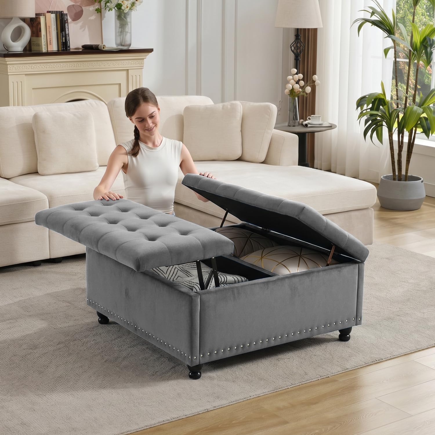 Tbfit Large Square Storage Ottoman Bench, Tufted Upholstered Coffee Table Ottoman with Lift Top & Wooden Legs, Oversized Storage Ottomans Toy Box for Living Room (Gray-Velvet)