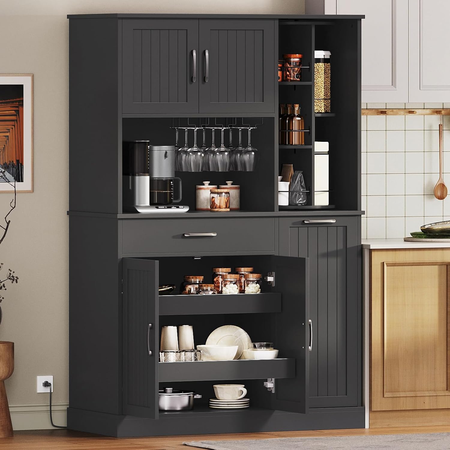Pantry Cabinet Set of 2, 67.7' Tall Kitchen Pantry Storage Cabinet with 360° Rotating Shelf & 2 Racks, Freestanding Kitchen Hutch with Charging Station & Drawer, for Dining Room, Black