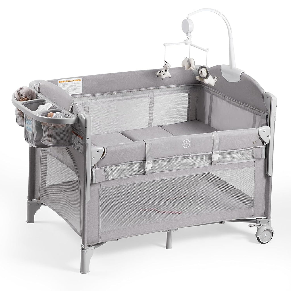 Rinnebbit Baby Bassinets Bedside Sleeper, 4 in 1 Portable Bedside Crib w/Mattress, Diaper Changer, Storage Basket, Music Box, Carry Bag, Foldable Playard Sleeper for Newborn (Light Gray)