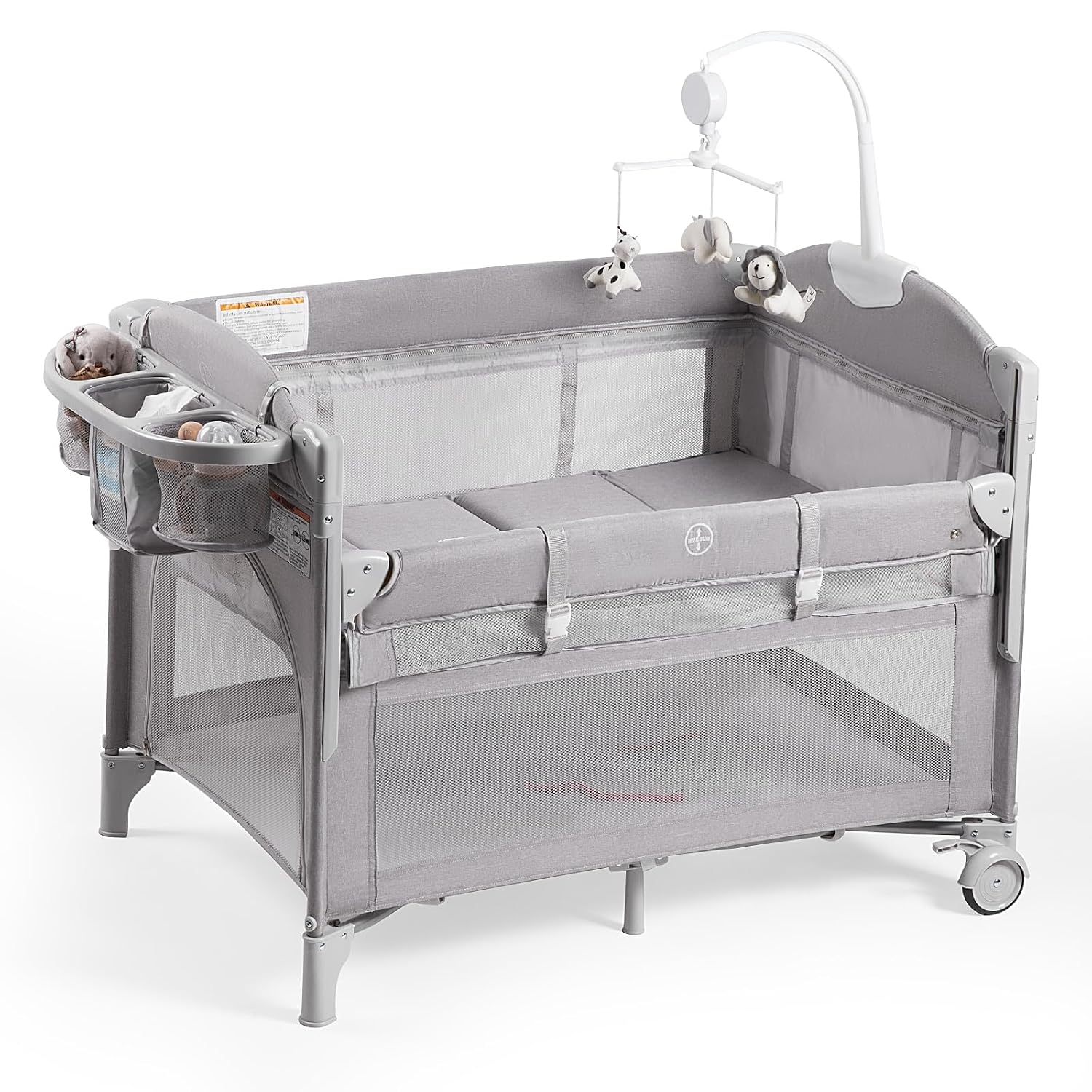 Rinnebbit Baby Bassinets Bedside Sleeper, 4 in 1 Portable Bedside Crib w/Mattress, Diaper Changer, Storage Basket, Music Box, Carry Bag, Foldable Playard Sleeper for Newborn (Light Gray)