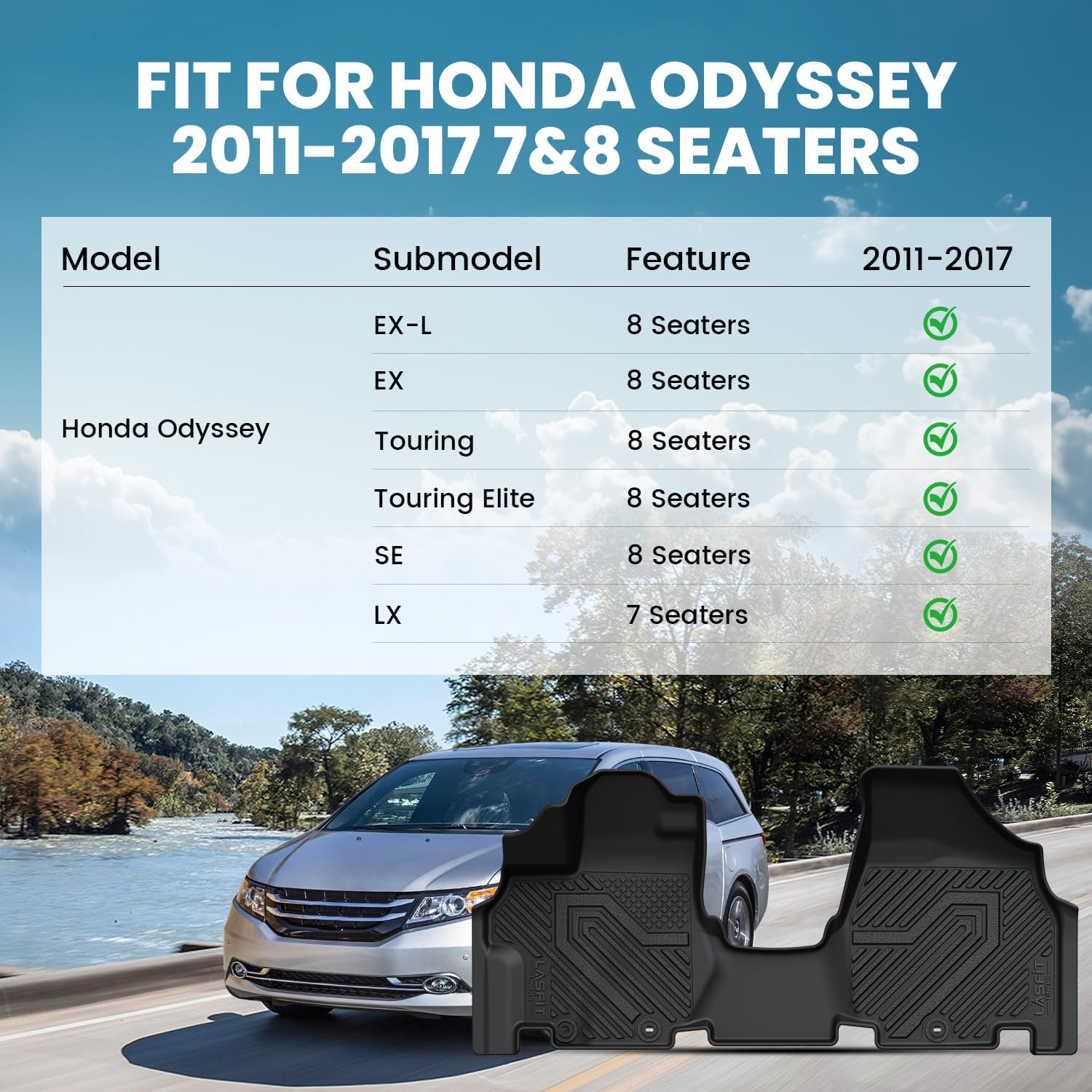LASFIT Floor Mats & Trunk Mat for Honda Odyssey 2011-2017 (Fit 7& 8 Seaters), All Weather TPE Custom Fit Car Floor Liners, 1st & 2nd & 3rd Row & Cargo Mat, Black (EX-L/EX/Touring/Touring Elite/SE/LX)