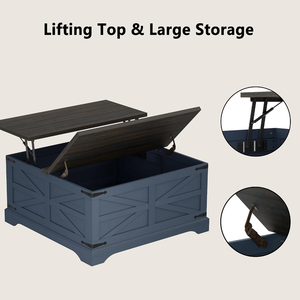 Furnideco 35.5''W Square Coffee Table Farmhouse Lift top Coffee Table with Large Hidden Storage, Wood Center Table for Living Room, Home Office, Blue