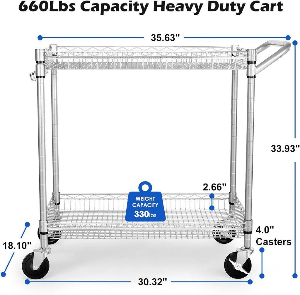 WDT Heavy Duty 2 Tier Rolling Cart, NSF Listed, 660Lbs Capacity, Commercial Grade Metal, 35.63'x18.1'x33.93'