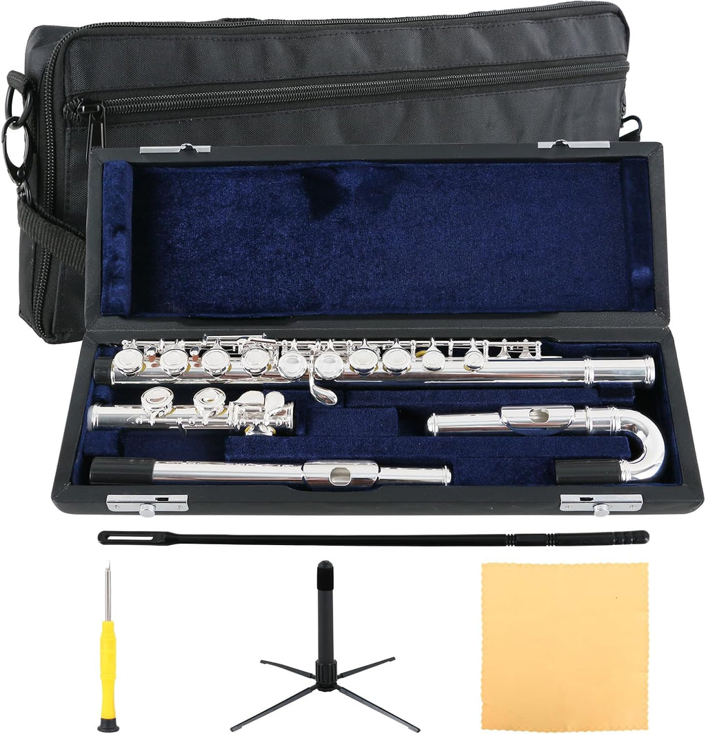 EASTROCK Silver Plated C Flute Closed Hole 16 Keys Flute Instrument with Curved Head Joint Mouthpiece Replacement,Cleaning Kit,Stand,Carrying Case,Gloves,Tuning Rod for Beginners Kids Students
