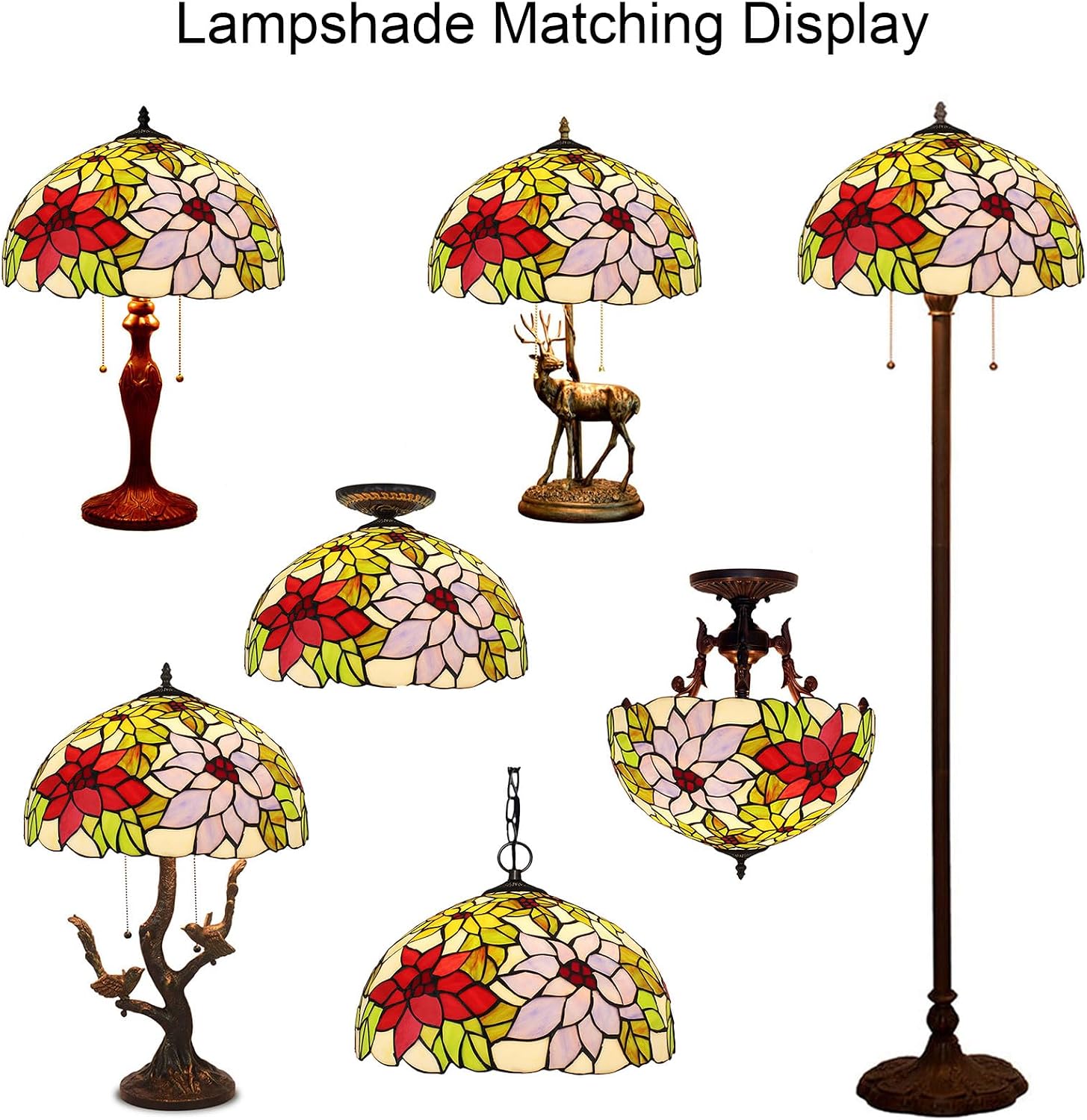 Tiffany Lamp Shade 16' Wide Accessories Replacement Only Red Blue Yellow Floral Stained Glass Lampshades Vintage Lily Rose Flower Light Cover for Table Lamp Pendant Light Floor Lamp Ceiling