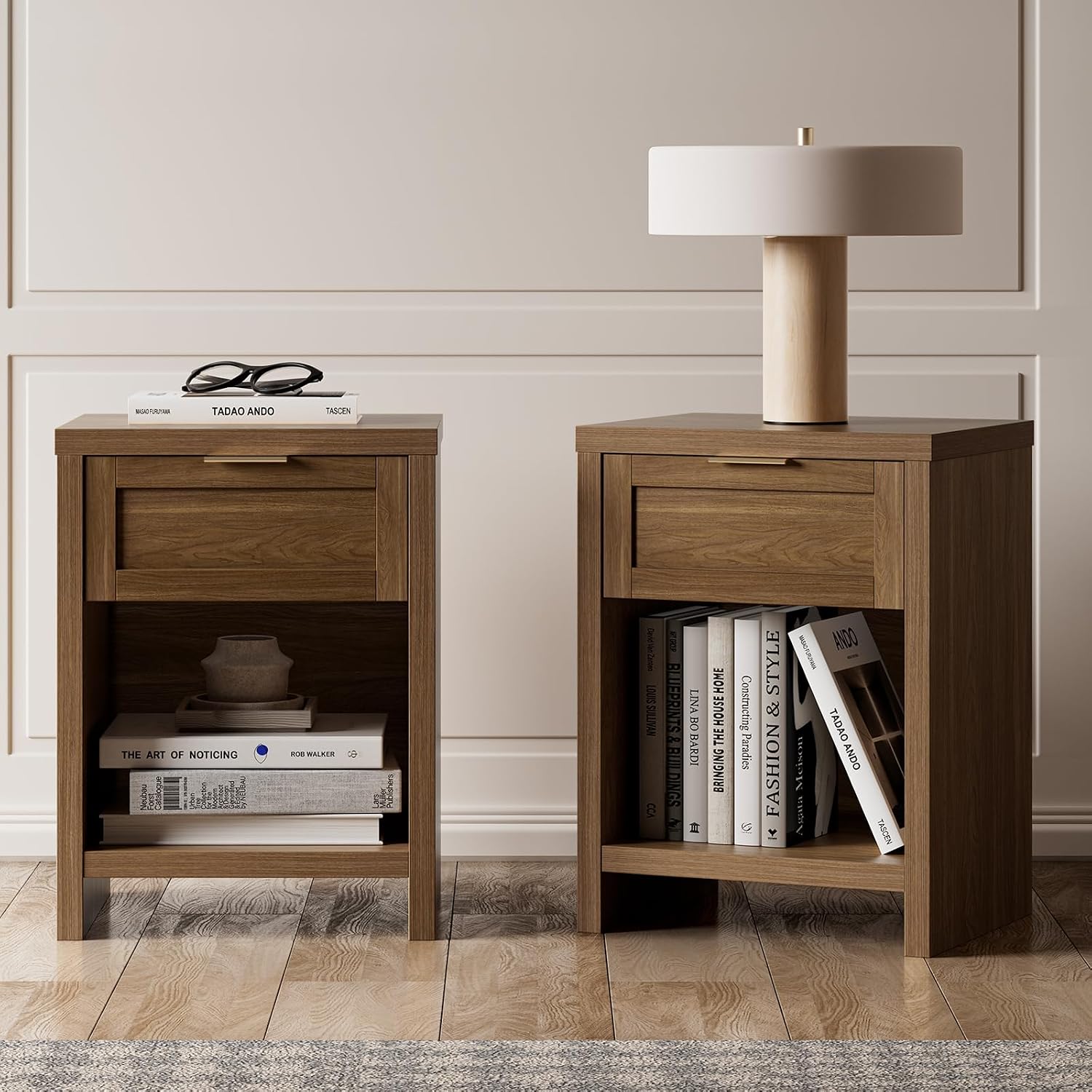 Walsham Natural Nightstands Set 2, Boho Bed Side Table for Living Room, Minimalist Night Stand with Drawer and Storage Shelf - Farmhouse End Tables for Bedroom (Special Walnut, 2 Set)