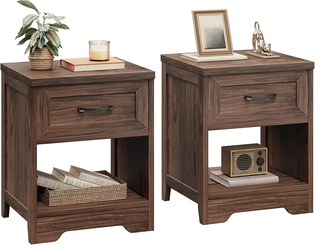 AODK Farmhouse Nightstand Set of 2, Rustic End Tables with Drawer & Open Storage, Wood Bedside Tables for Bedroom & Small Space, Dark Walnut