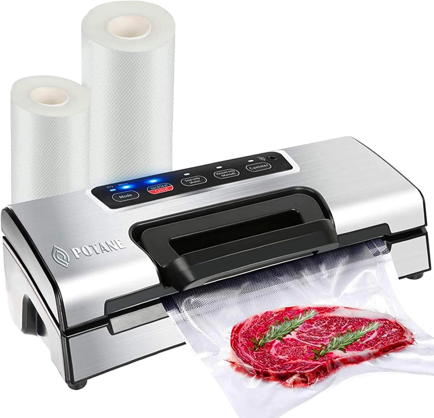 Potane Precision Vacuum Machine,Pro Food Sealer with Built-in Cutter and Bag Storage(Up to 20 Feet Length), Both Auto Manual Options,2 Modes,Includes 2 Bag Rolls 11'x16' and 8'x16',Compact Design