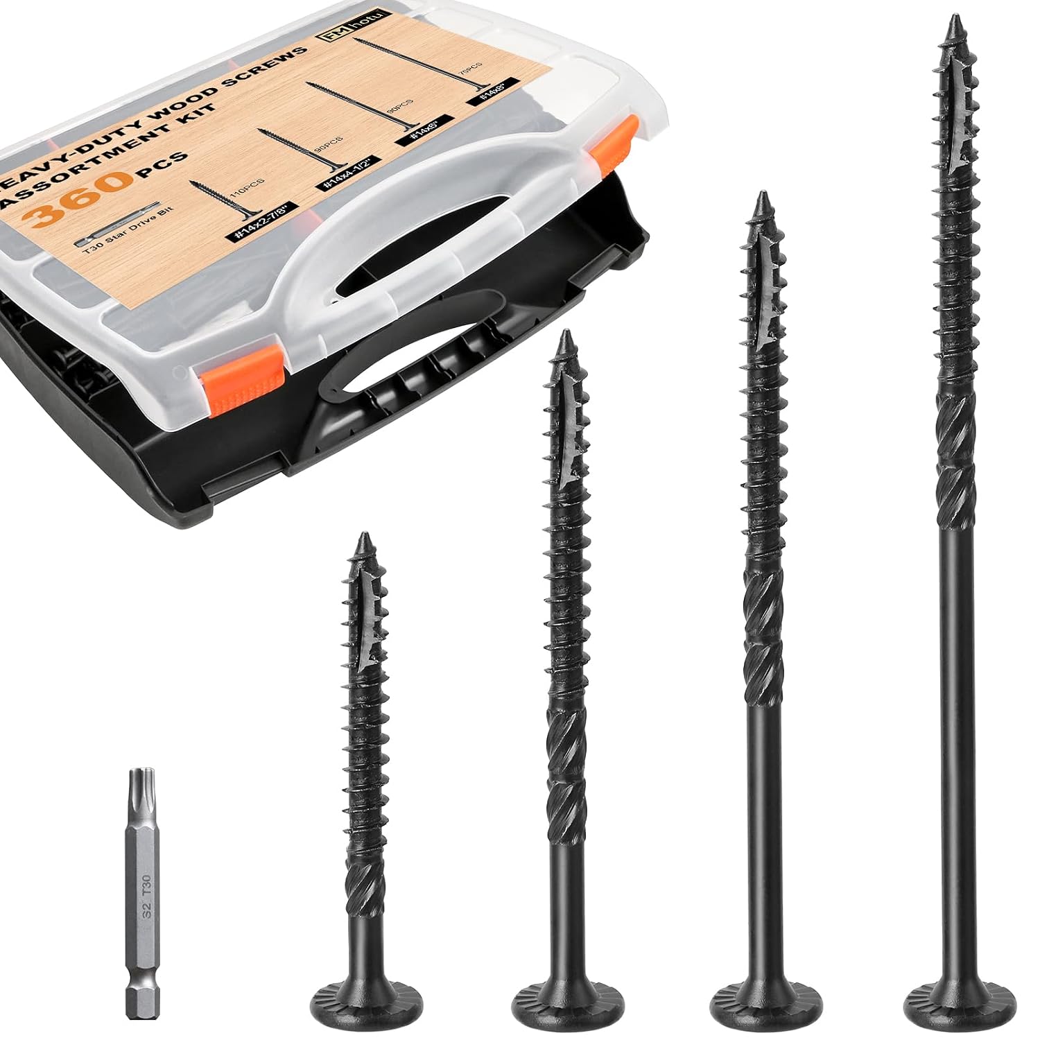 #14 Heavy-Duty Wood Screws Assortment Kit, 360Pcs Star Drive Decking Wood Screws, Rust Resistant Timber Screws for Log/Landscaping Wood (2-7/8',4-1/2',6',8')