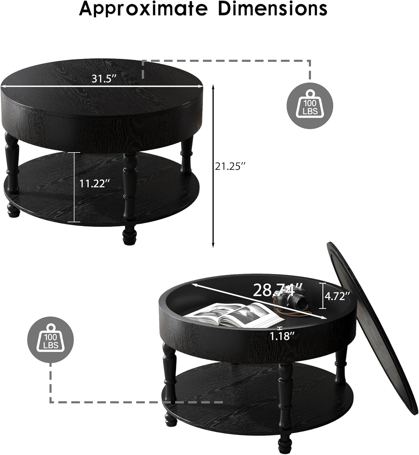 Hayzz Round Coffee Table with Storage 31.5 Inch, Modern Lift Top Accent Coffee Table with Hidden Compartment & Lower Shelf, Adjustable Leveling Feet, Easy Assembly for Living Room, Black