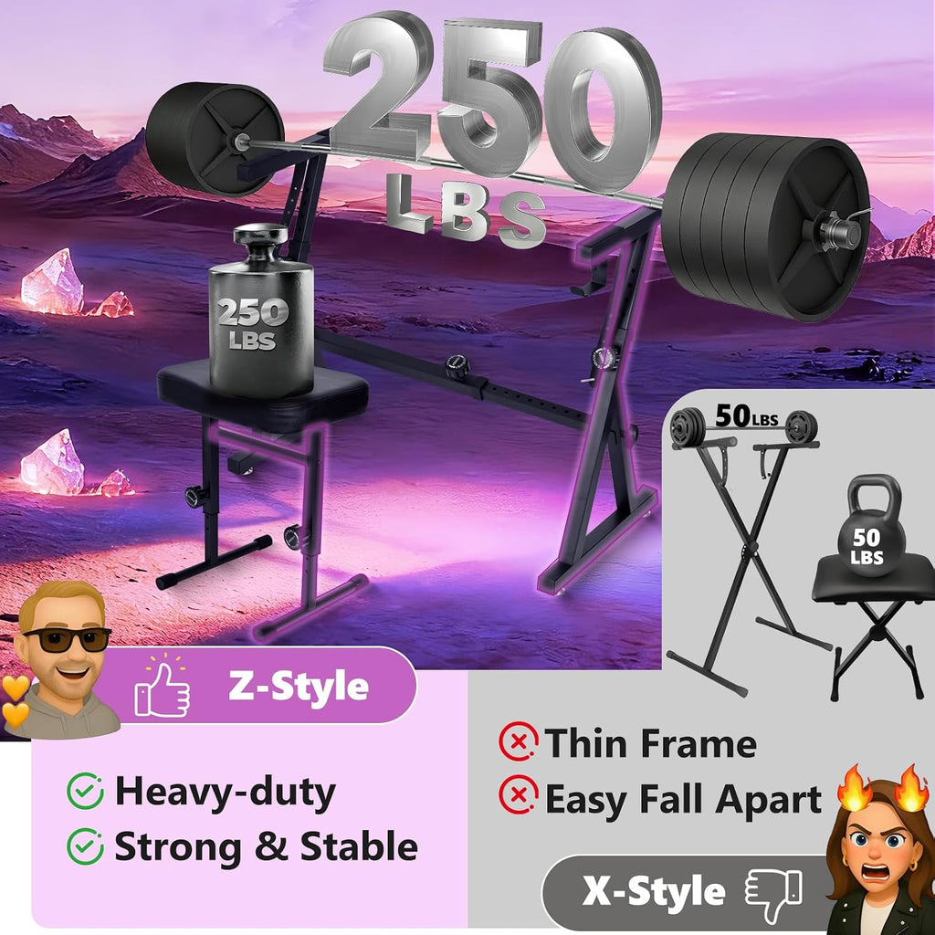 Digital Piano Keyboard Stand and Bench Set - Heavy Duty Adjustable Portable Music Stand and Bench Seat for 54-88 Key Electric Pianos