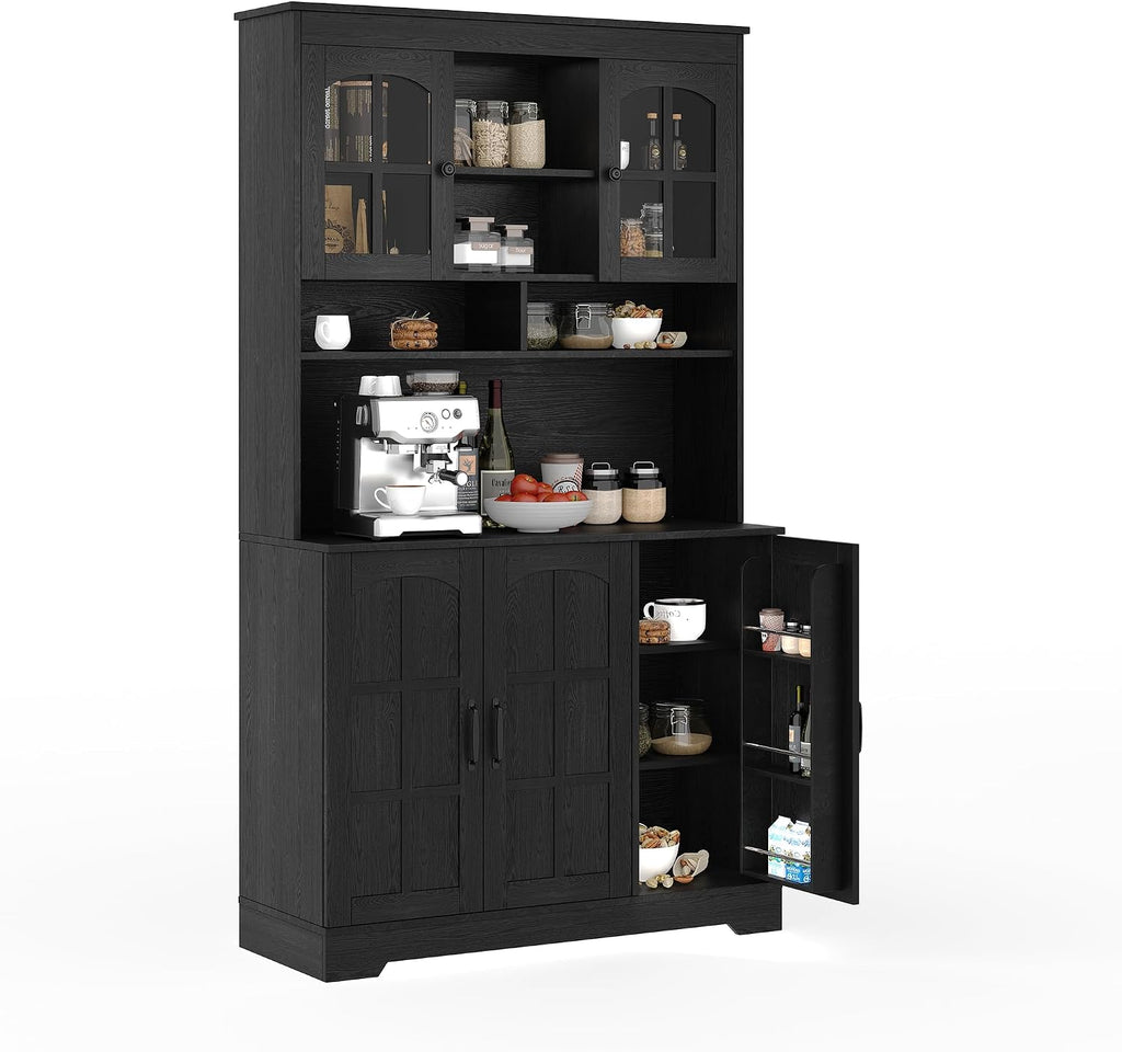 Garvee Pantry Cabinet with Charging Station, Tall Kitchen Pantry Storage Cabinet with Hutch,70.9 Inch Kitchen Cabinet with Glass Doors, for Dining Room