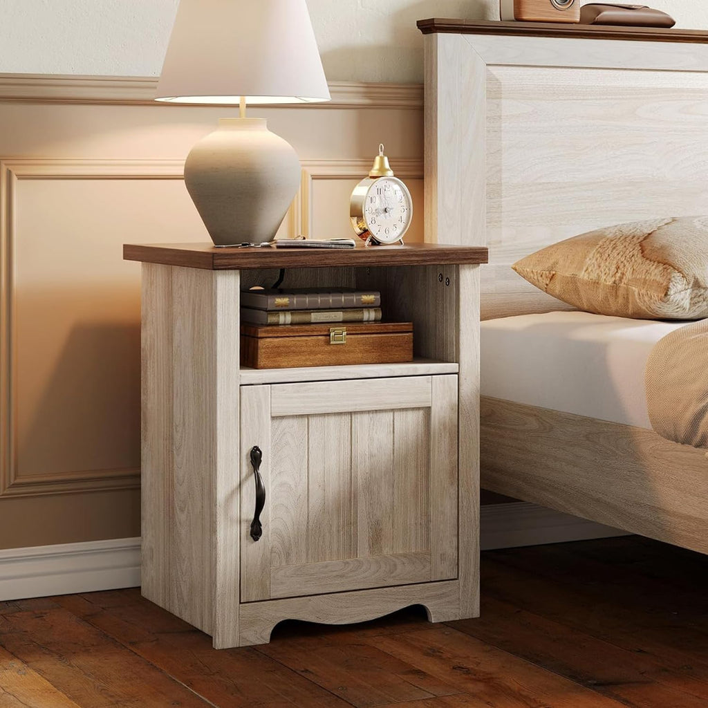 LINSY Farmhouse Night Stand Set of 2, 18.9' Wood End Table with Charging Station, Side Table for Bedroom, Living Room, Couch with USB Ports and Outlets, Nightstand with Storage, Beige