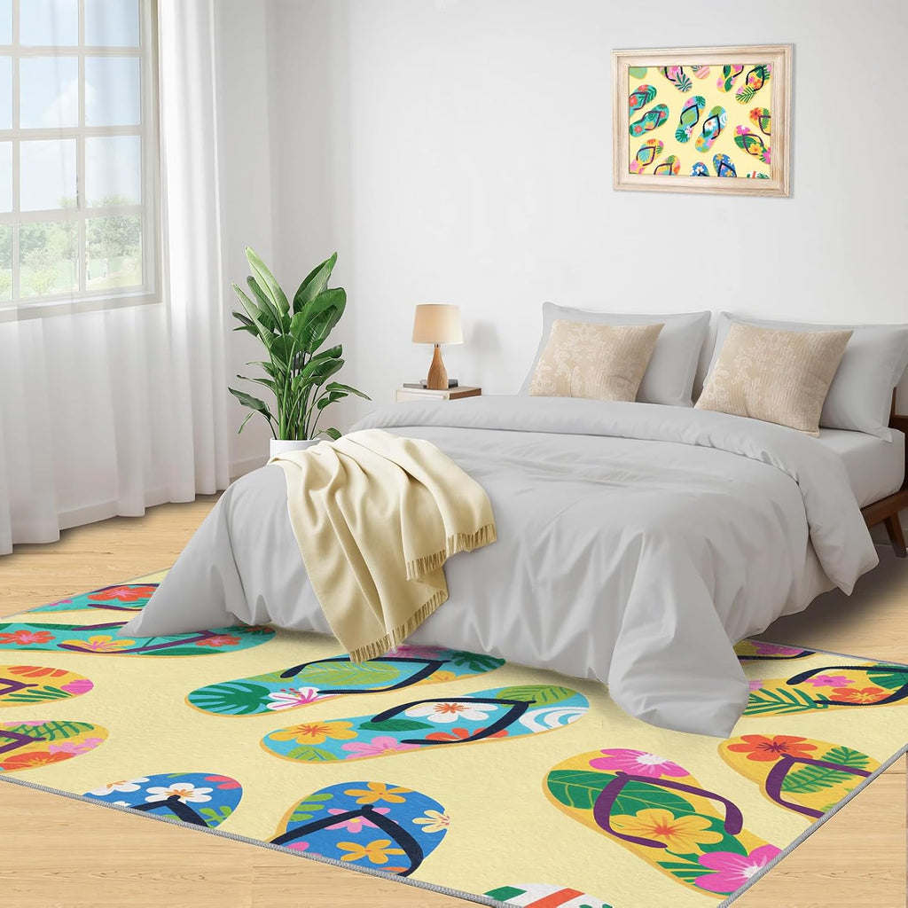 Flip Flop Rug 8x10 Large Rug Beach Theme Area Rug, Tropical Summer Washable Rugs for Bedroom, Hawaiian Beach Indoor Rugs - Home Decor, Boys Girls Gifts