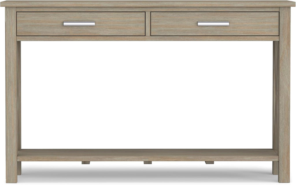 SIMPLIHOME Kitchener Console Table - 47 Inch Wide Solid Wood Sofa Table in Distressed Grey, Contemporary Storage Table for Entryway or Living Room with 2 Drawers, Bottom Shelf, and X-Design Sides