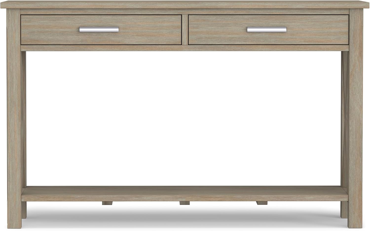 SIMPLIHOME Kitchener Console Table - 47 Inch Wide Solid Wood Sofa Table in Distressed Grey, Contemporary Storage Table for Entryway or Living Room with 2 Drawers, Bottom Shelf, and X-Design Sides