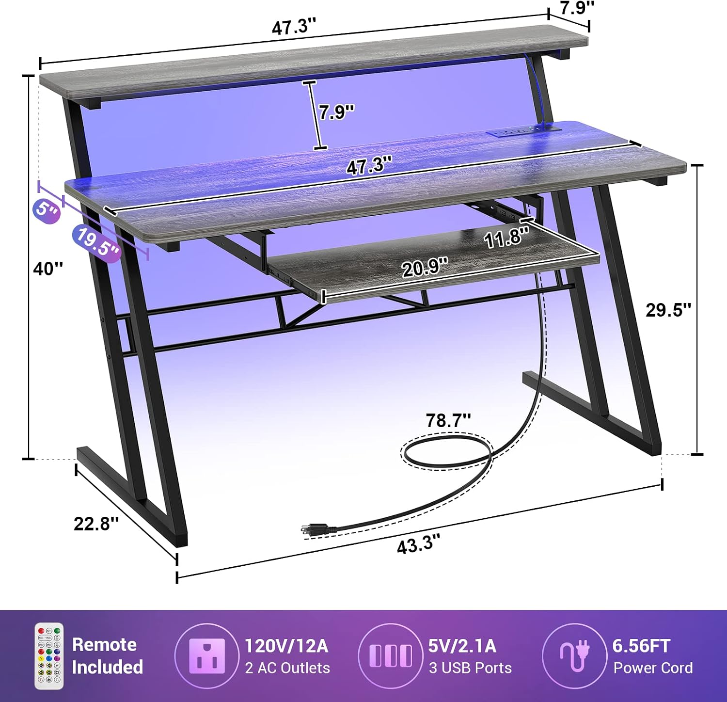 Armocity Music Studio Desk Production Workstation - Recording Studio Desk for Producer with Power Outlet & RGB LED Lights, Studio Workstation for Music Recording, Home Studio Table Desks, Grey Oak