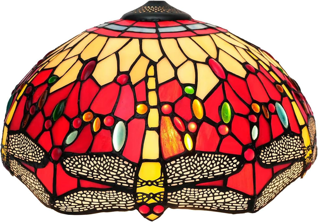 W16H9 Inch Tiffany Lamp Shade Replacement, Stained glass Dragonfly style Lampshades, Only Handmade Retro lampshade Replacement for Table Lamp Pendant Light Floor Lamp Ceiling Fixture,Red