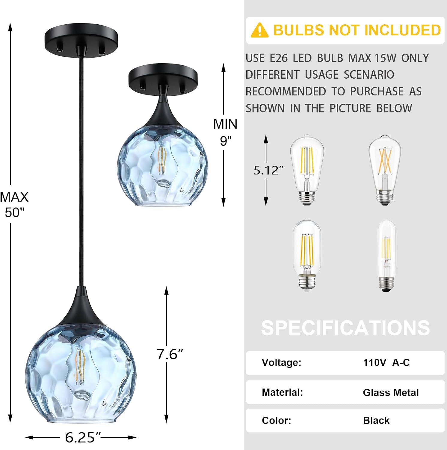 6.3' Texture Blue Glass Pendant Light 3 Pack Pendant Ceiling Light Fixture Black Finish Modern Farmhouse Dinning Over Sink Adjustable Height Cord