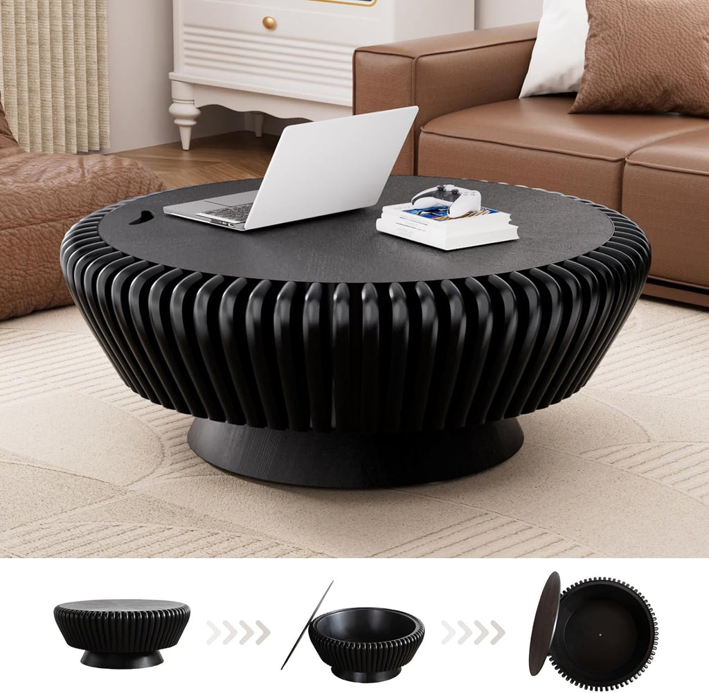 Round Coffee Table with Storage, Mid Century Modern Drum Coffee Table for Living Room, Fluted Circle Center Table with Sturdy Pedestal, Accent Tea Table for Apartment (35.4' Black with Storage)