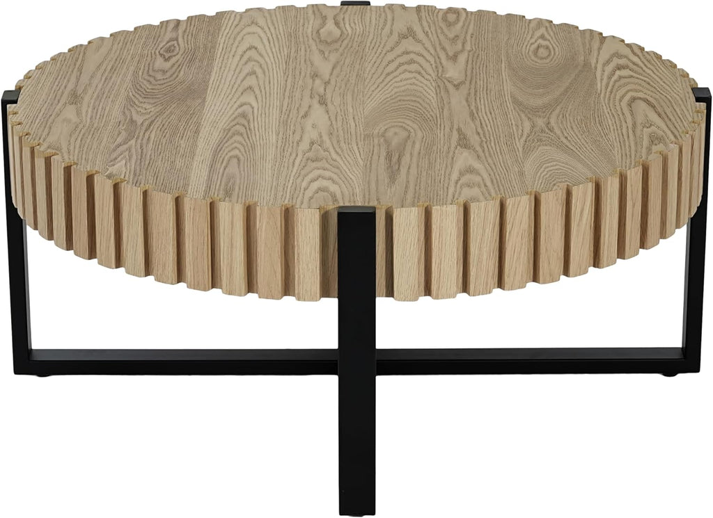 Christopher Knight Home Sol 31.5'' Modern Round Coffee Table, Indoor Living Room Side Table, Wooden End Table with Cross Metal Base, Unique Gear Motifs and Fluted Edges, Black + Natural