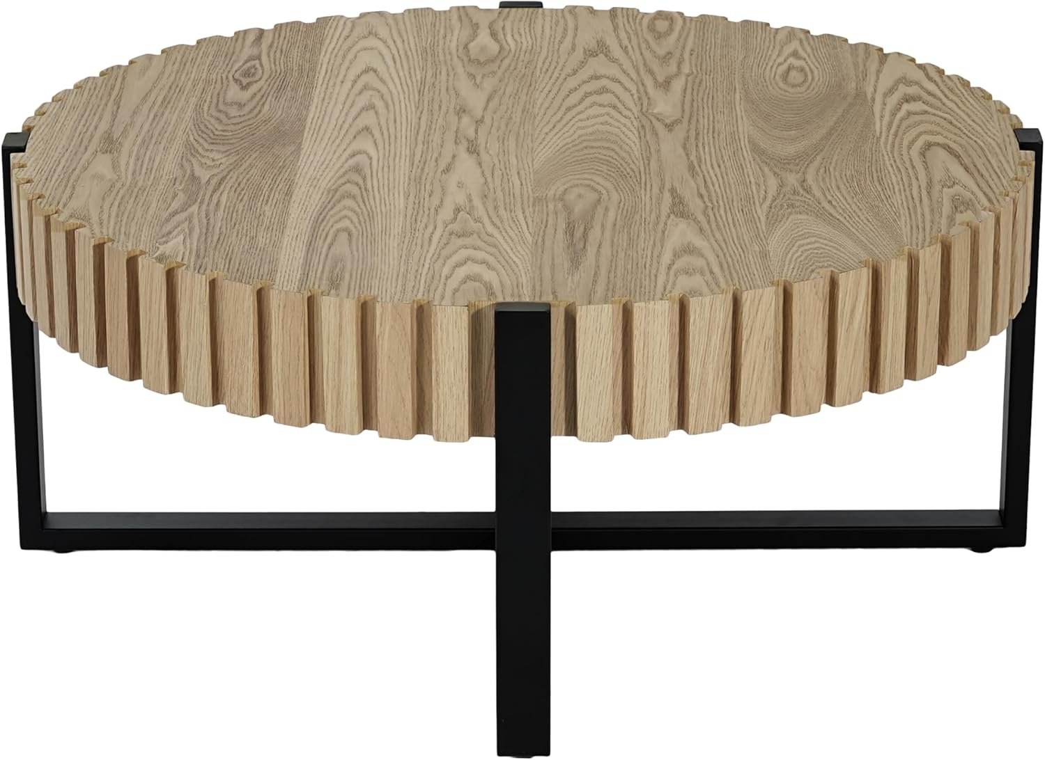 Christopher Knight Home Sol 31.5'' Modern Round Coffee Table, Indoor Living Room Side Table, Wooden End Table with Cross Metal Base, Unique Gear Motifs and Fluted Edges, Black + Natural