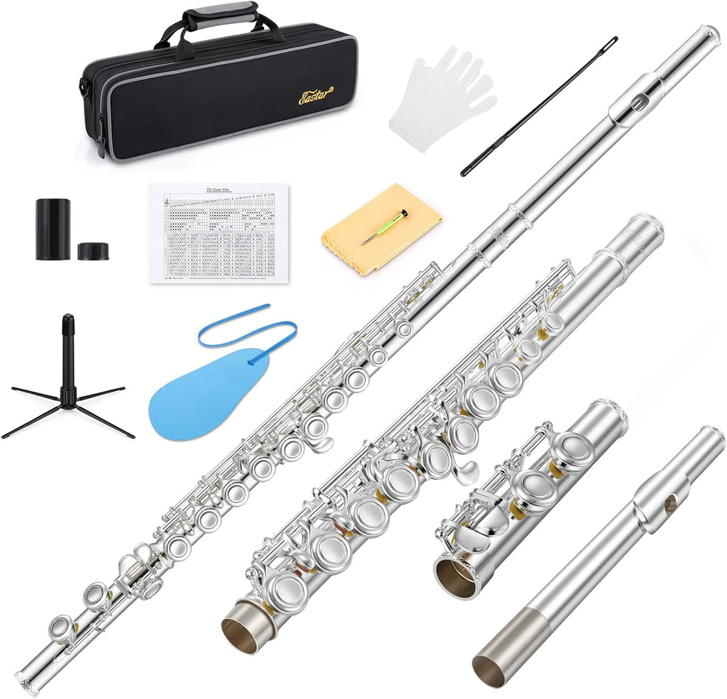 Eastar Upgraded Closed Hole 16 Keys C Flute for Beginner Student, Instrument with Cleaning Kit, Stand, Case, Gloves, Tuning Rod, Fingering Chart, Silver Plated, EFL-1S