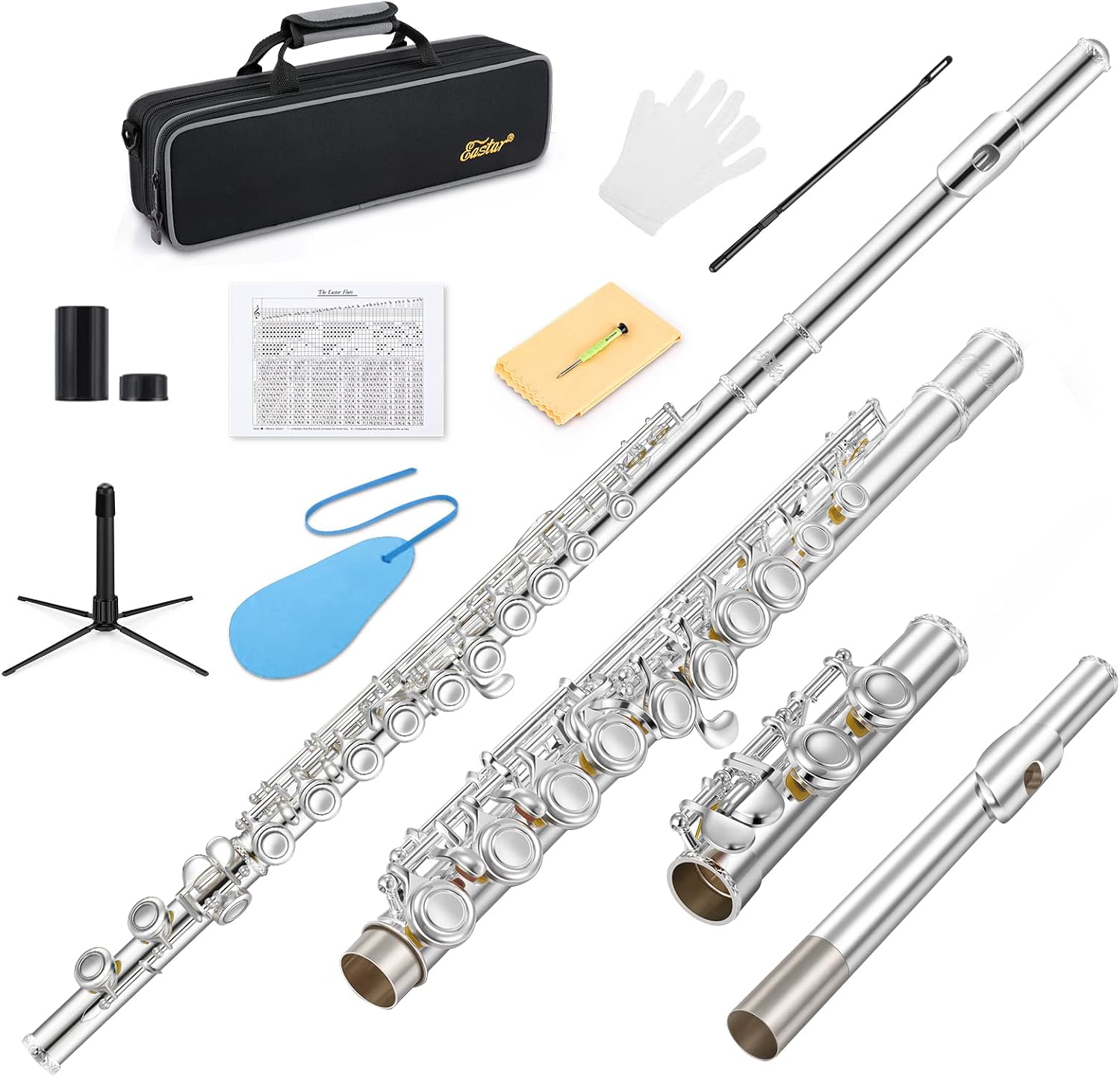 Eastar Upgraded Closed Hole 16 Keys C Flute for Beginner Student, Instrument with Cleaning Kit, Stand, Case, Gloves, Tuning Rod, Fingering Chart, Silver Plated, EFL-1S