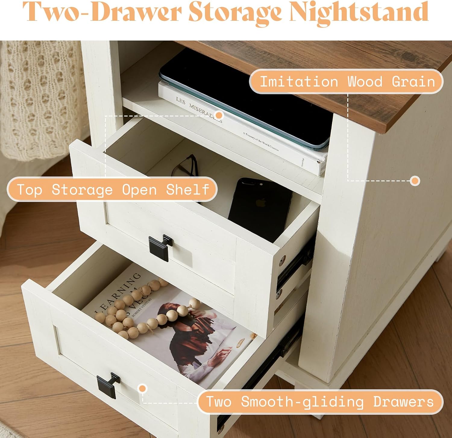 AMERLIFE 18' Farmhouse Nightstand Set of 2, End Table with Charging Station, with 2 Storage Drawers, Bedside Table with USB Ports, Rustic White