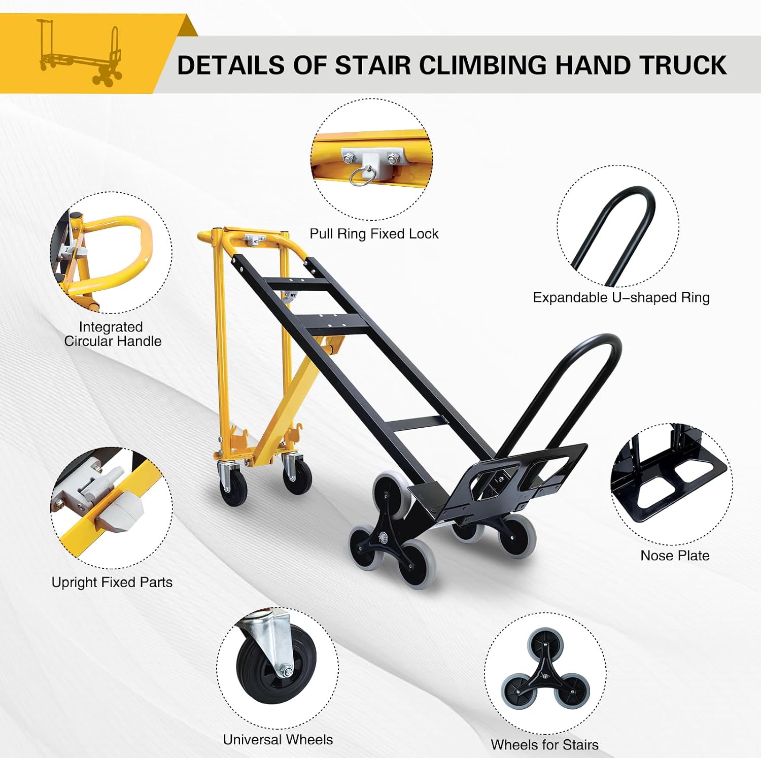 1000 LBS Industrial Convertible Hand Truck,3 in 1 Stair Climbing Dolly Cart,Stair Dolly Climber Heavy Duty with Solid Wheels for Moving,Transport in Warehouse,Office(Yellow)