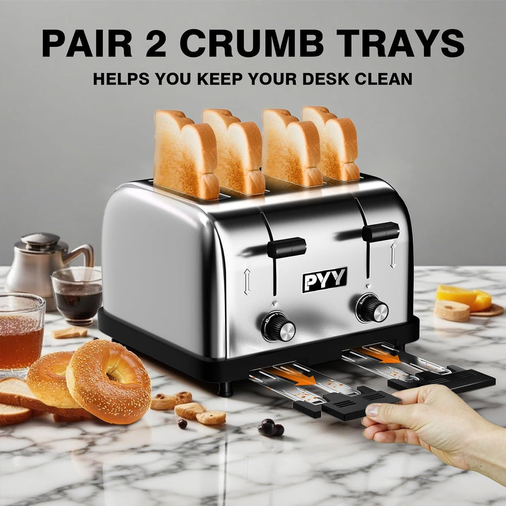 PYY Professional Commercial Toaster 4 Slice - 1800W Stainless Steel Heavy Duty Toaster, 6 Browning Levels, 1.57' Wide Slots, Removable Crumb Tray for Bagels Bread Waffles (Commercial & Home Use)