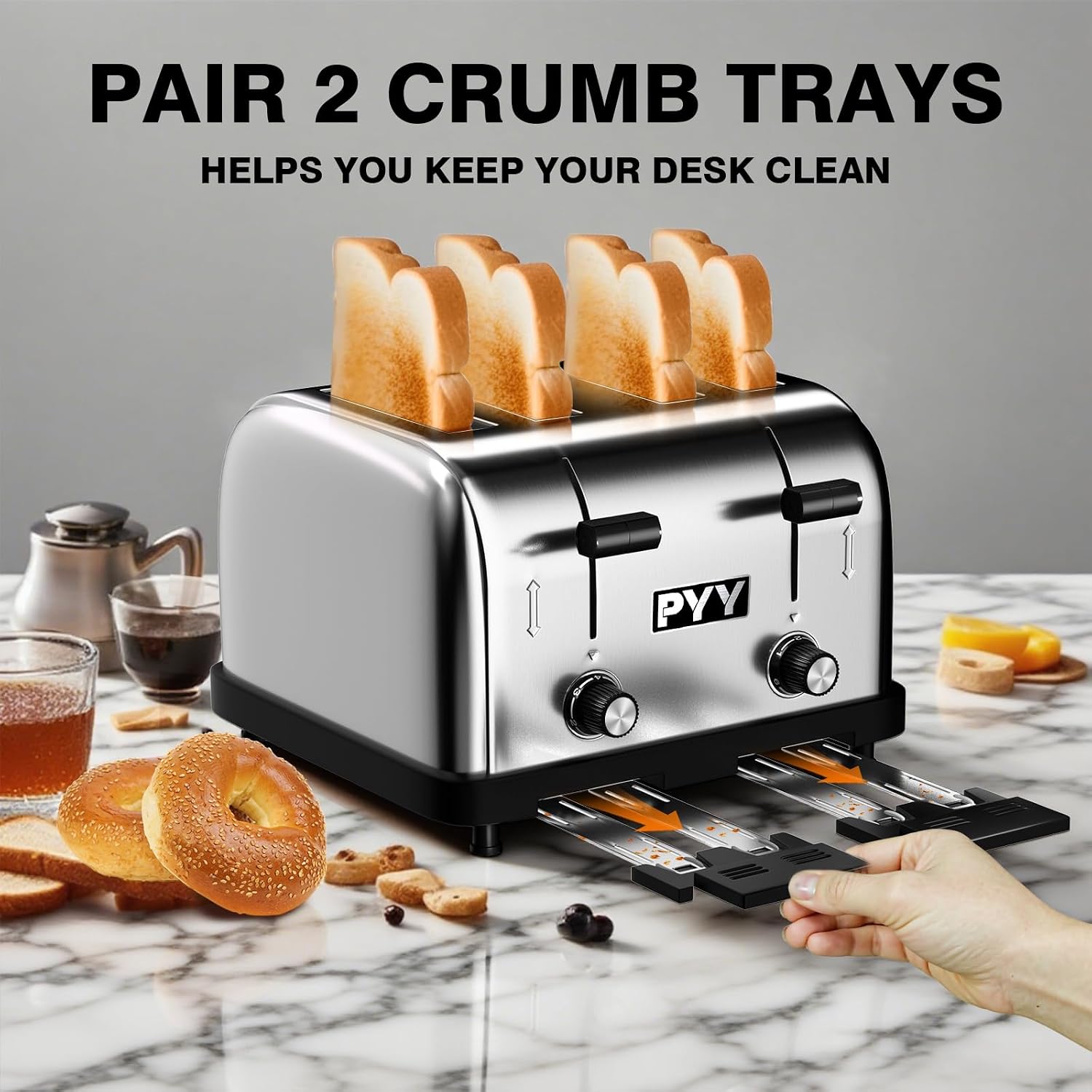 PYY Professional Commercial Toaster 4 Slice - 1800W Stainless Steel Heavy Duty Toaster, 6 Browning Levels, 1.57' Wide Slots, Removable Crumb Tray for Bagels Bread Waffles (Commercial & Home Use)