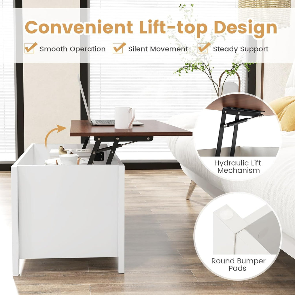Giantex Lift Top Coffee Table - Rectangular Wooden Table w/Hidden Compartment & Open Storage Shelves, Multifunctional Modern Flip Top Center Table for Living Room, Reception Room, Office (White)