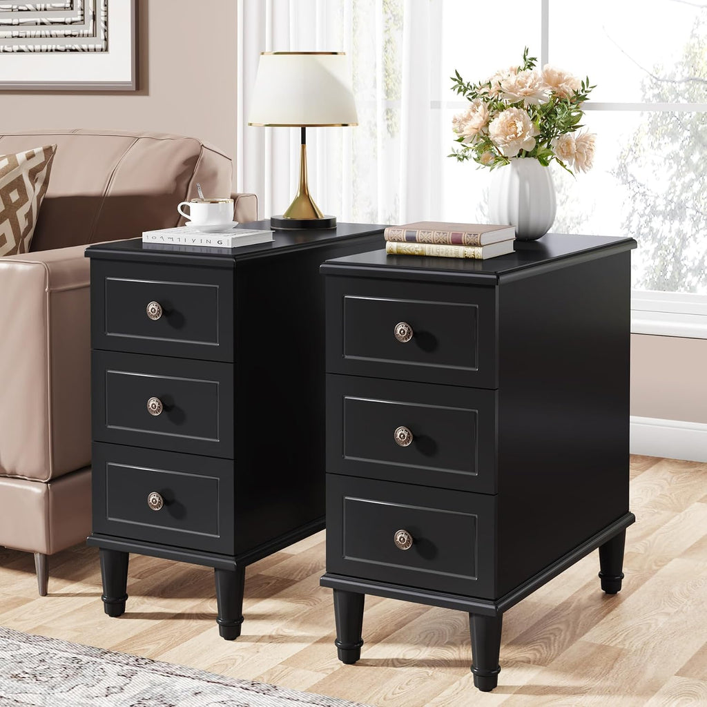 Tribesigns Solid Wood End Table Set of 2, Fully Assembled Narrow Side Table with Drawers, Pre-Assembled Nightstand Slim Bedside Table for Small Spaces, Living Room, Bedroom, Black