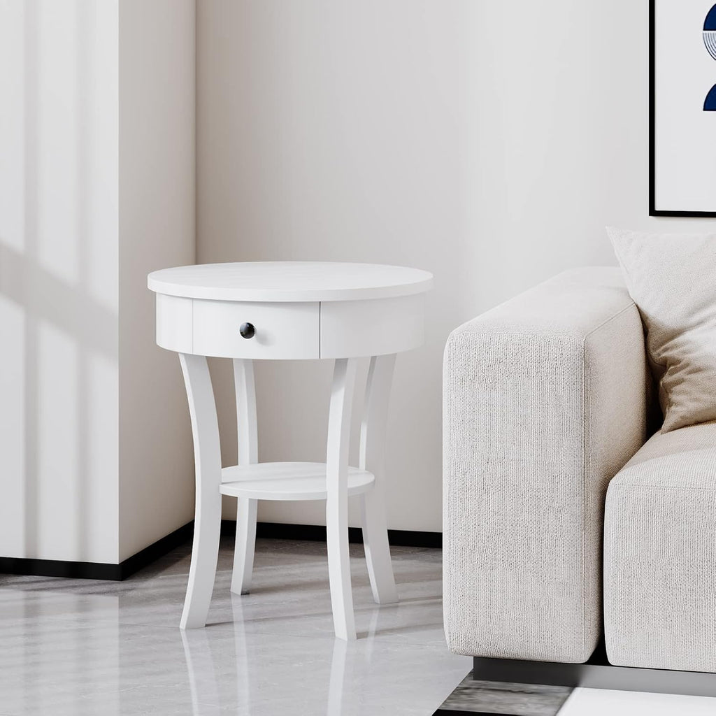 Giantex Round End Table with Drawer, 2-Tier Wood Side Table w/Open Shelf, Small Sofa Side Table for Small Space, Multipurpose Accent Table for Bedroom Living Room Home (2, White)