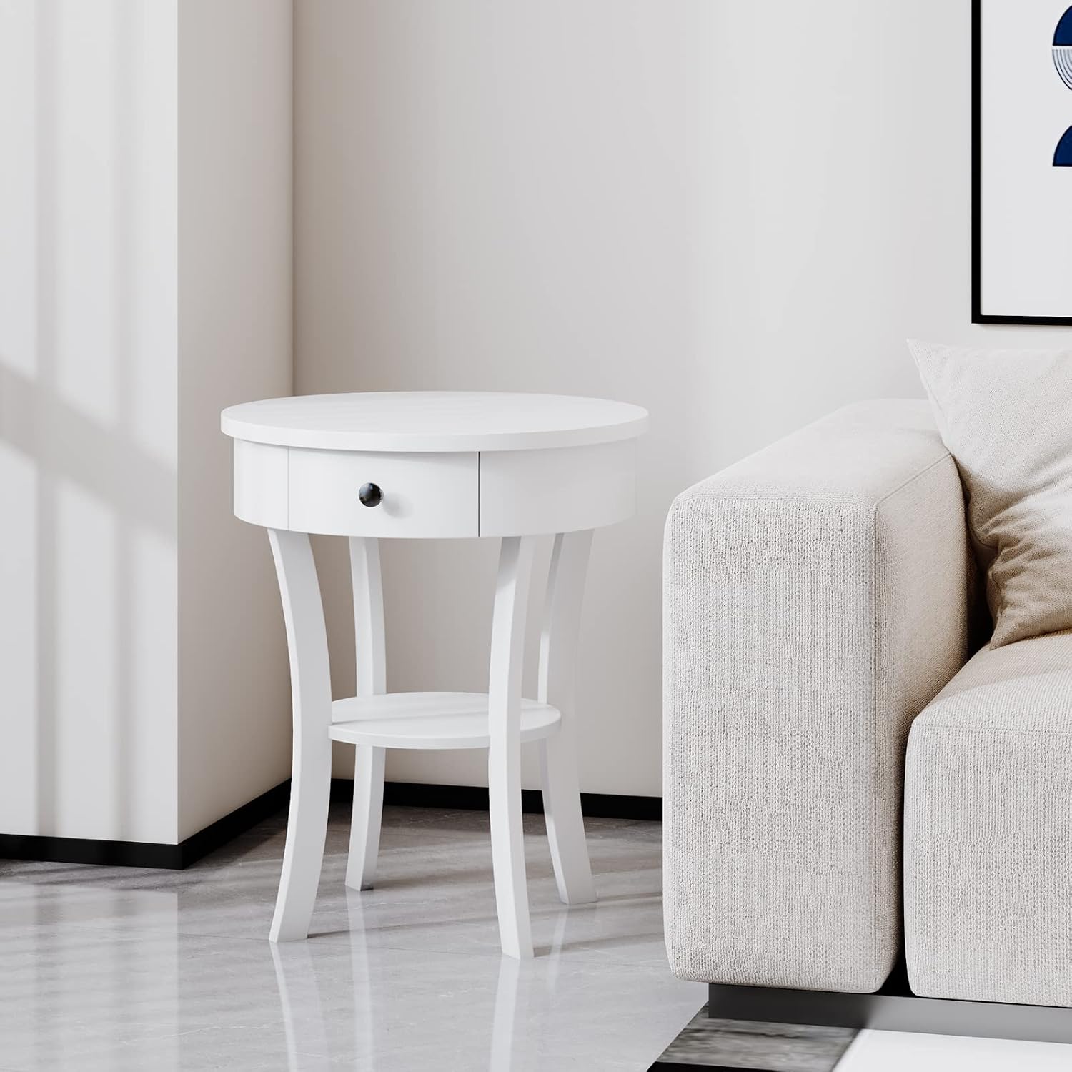Giantex Round End Table with Drawer, 2-Tier Wood Side Table w/Open Shelf, Small Sofa Side Table for Small Space, Multipurpose Accent Table for Bedroom Living Room Home (2, White)