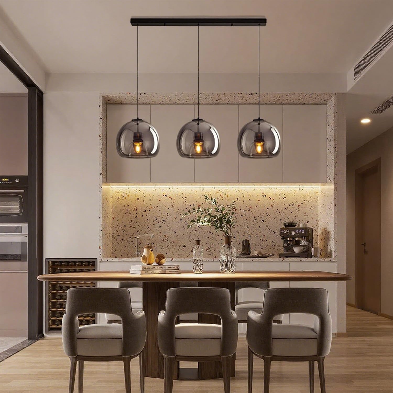 MIXL-Modern Globe Pendant Light 3-Lights Hanging Light with Smoke Gray Glass Lampshade, Height Adjustable Dining Room Lighting, Glass Pendant Lamp, Farmhouse Hanging Lamp for Kitchen Island