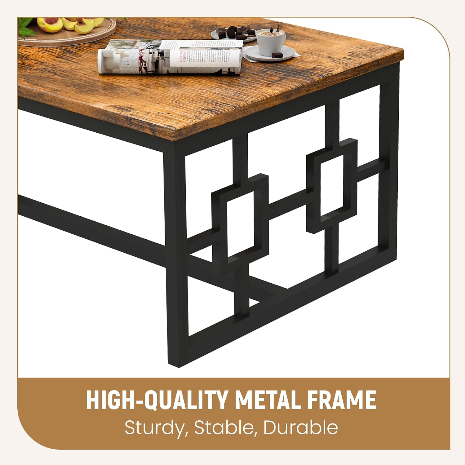 DKLGG 3-Piece Vintage Wood Coffee Table Set with 2 End Tables - Modern Industrial Design, Square Tabletop & Rustic Brown Finish - Perfect for Living Room, Apartment, Home Office, Rustic Brown