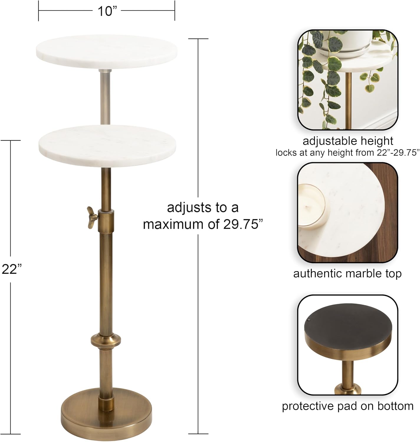 Kate and Laurel Engles Traditional Adjustable-Height Pedestal Drink Table; 10 x 10 x 30; White Marble and Antique Brass; Vintage Round Indoor Metal Plant Stand with Authentic Marble Tabletop