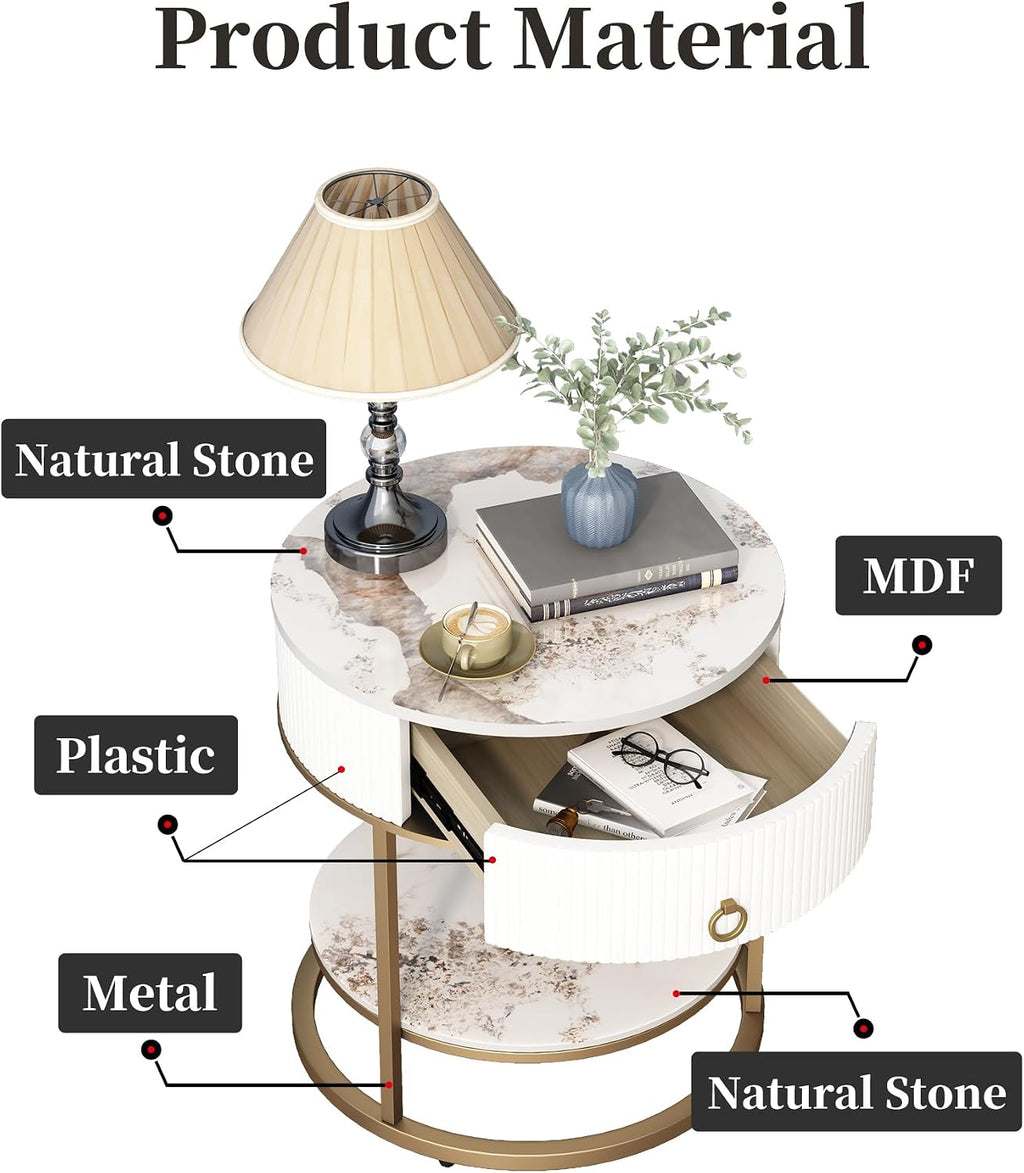 OIOG Round Side Table with Drawer, 2 Tier Night Stand with Shelf, Modern Side Table with Gold Legs for Living Room, Bedroom, Dorm, Marbling Natural Stone/Gold