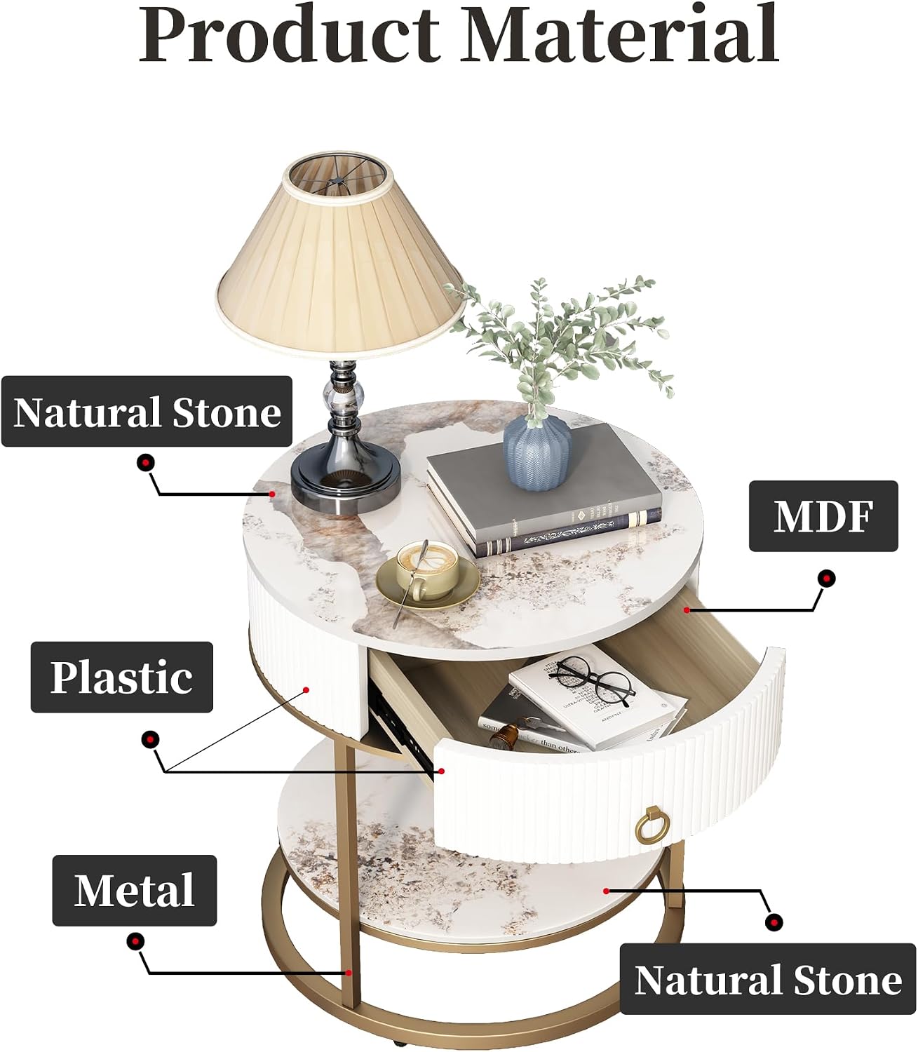 OIOG Round Side Table with Drawer, 2 Tier Night Stand with Shelf, Modern Side Table with Gold Legs for Living Room, Bedroom, Dorm, Marbling Natural Stone/Gold