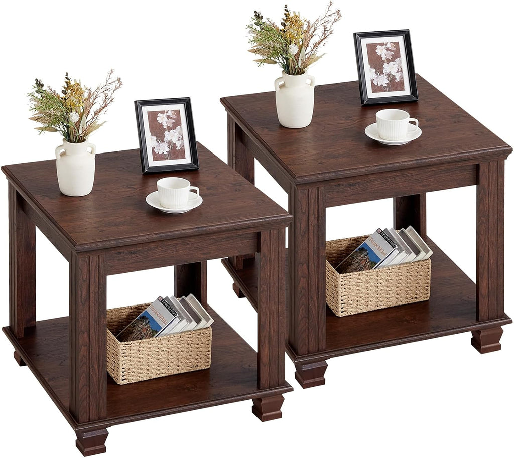 SAVOR LIFE Farmhouse End Table Set of 2,Large Side Table with 2-Tier Storage Shelf,Rustic Brown End Tables for Living Room,Square Tea Table,Walnut