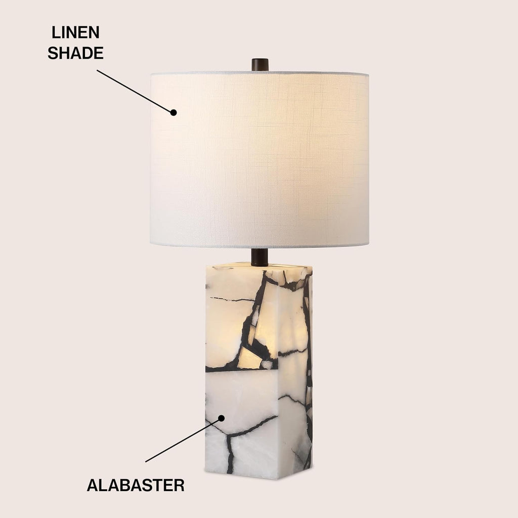 JONATHAN Y 24.25' Black/White Modern Alabaster LED Table Lamp for Home Decor, White Linen Shade, Coastal Nightstand Lamp with Built-in Base Accent Light (JYL8507A)